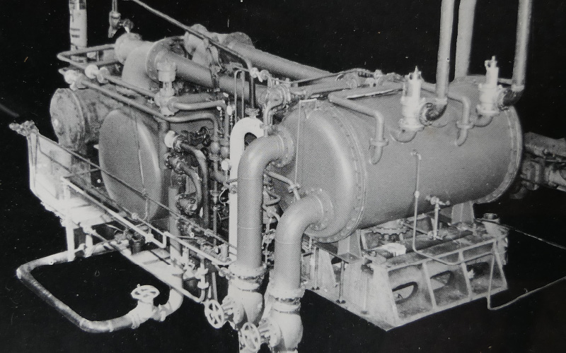 A photo marking the start of manufacturing reciprocating main engines for ships and various marine pumps.